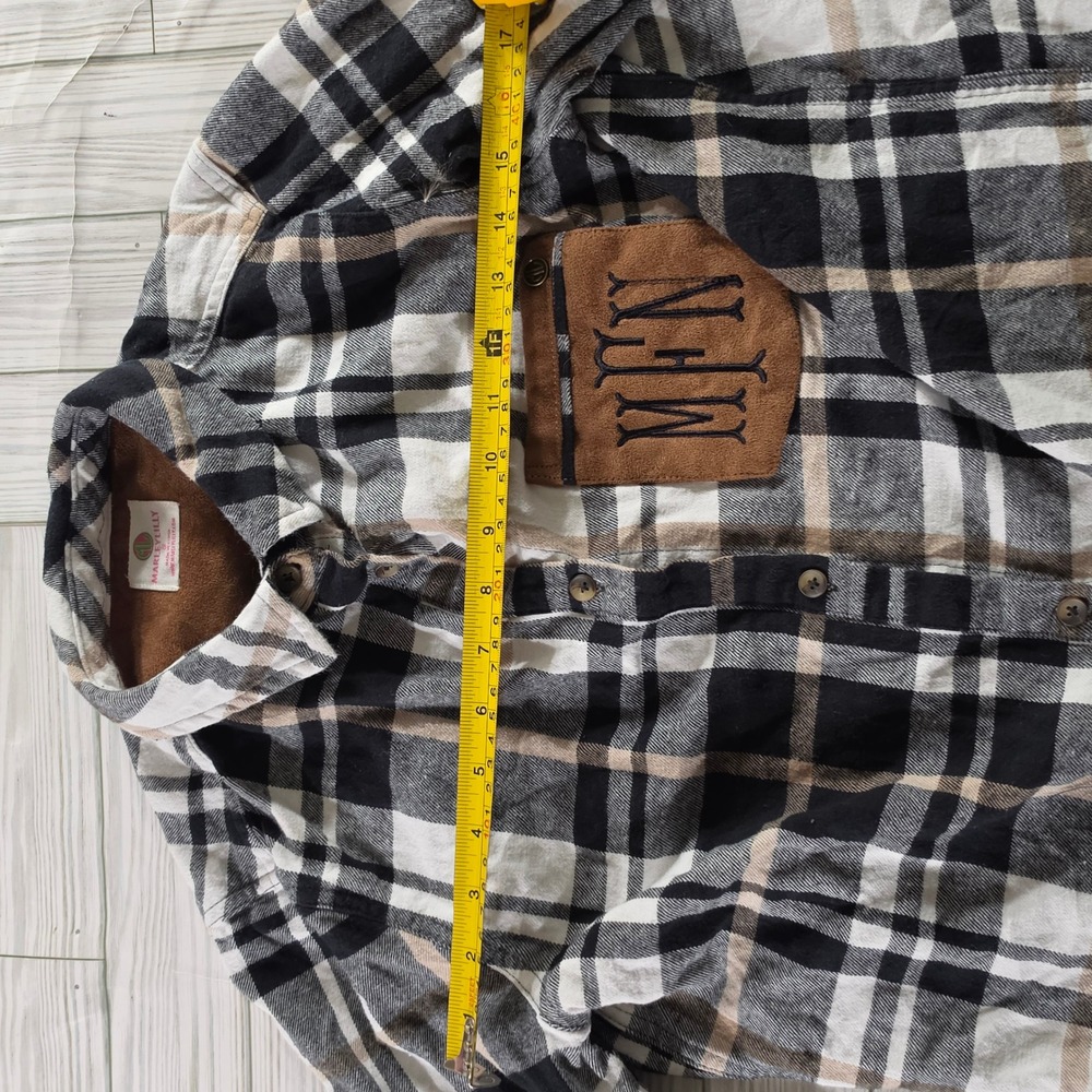 Marleylilly Womens Plaid Flannel Shirt Black Tan Monogram MFN Suede Pocket S - Picture 3 of 6